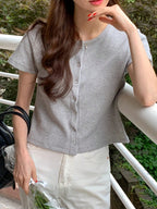 Solid Round Neck Form-Fitting Short Sleeve Cardigan T-Shirt