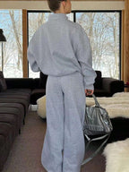 Solid Color Zipper Half Placket Dropped Shoulder Long Sleeve Sweatshirt And Loose Casual Pants 2 Pieces Set