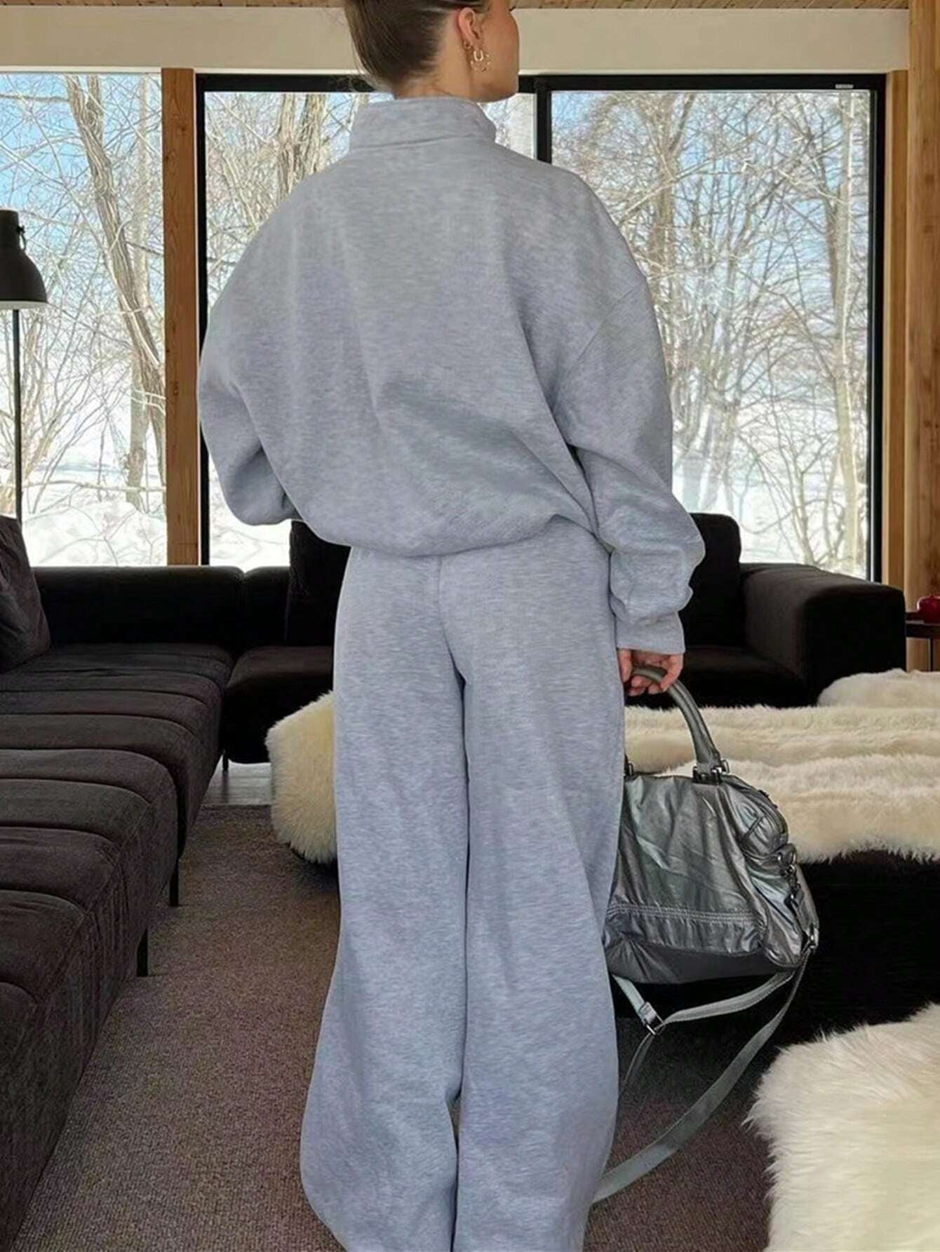 Solid Color Zipper Half Placket Dropped Shoulder Long Sleeve Sweatshirt And Loose Casual Pants 2 Pieces Set