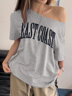 Off-Shoulder Short Sleeve Letter Printed Casual T-Shirt Graphic Tees Women Tops