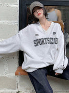 Thermal Lined V-Neck Letter Print Slouchy Sweatshirt