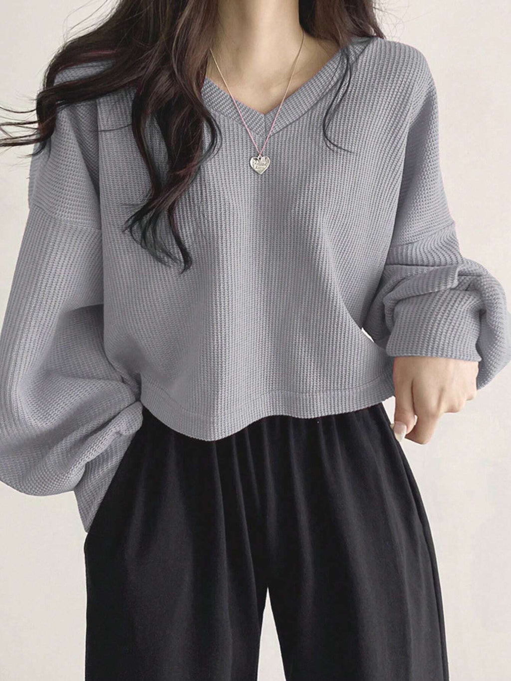 Solid Color V-Neck Dropped Shoulder Long Sleeve Loose Casual T-Shirt