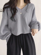 Solid Color V-Neck Dropped Shoulder Long Sleeve Loose Casual T-Shirt