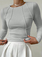 Solid Color Split Half-Length Long-Sleeved Round Neck New Women's Top