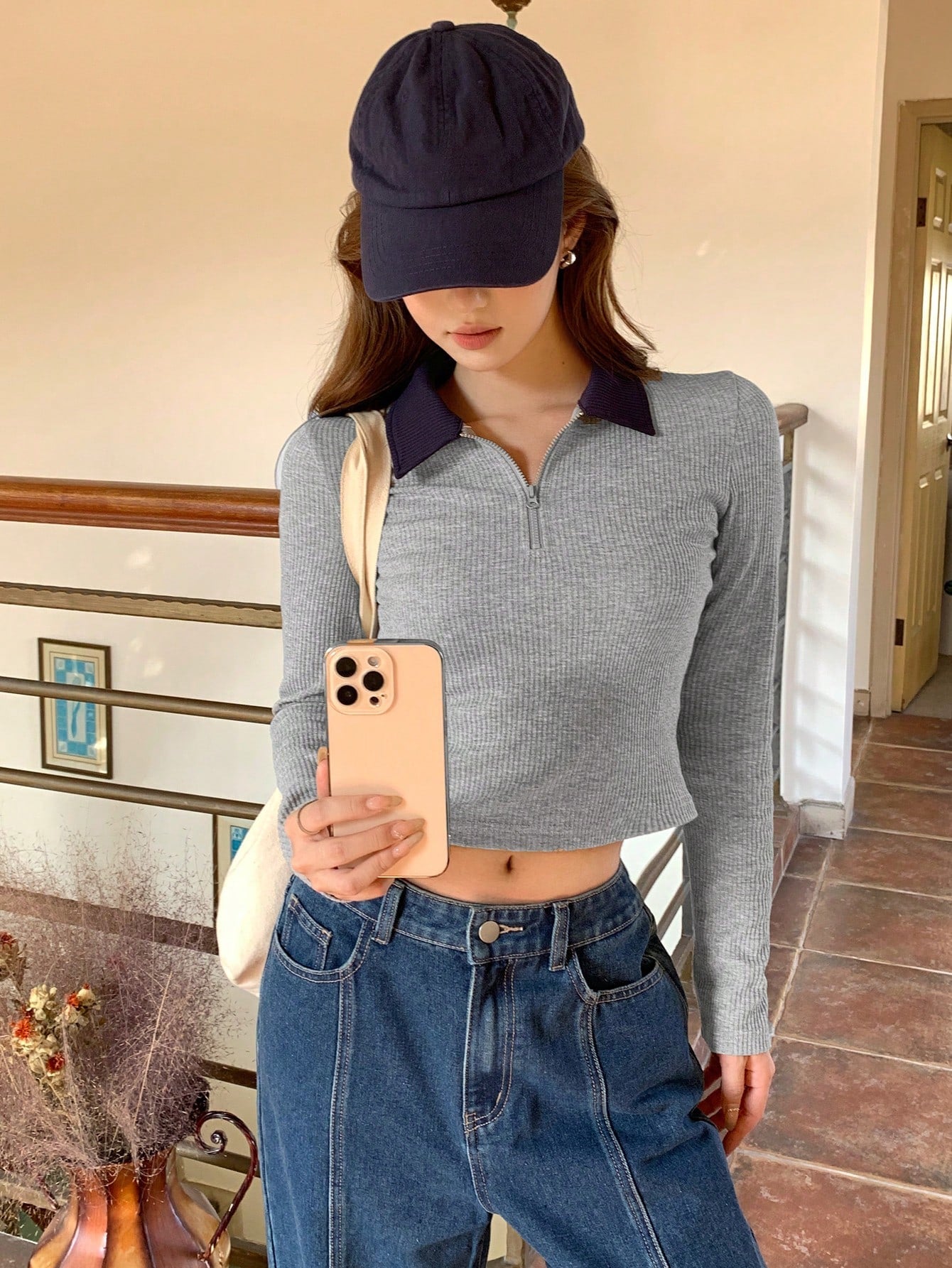 Half Zipper Front Slant Collar Long Sleeve T-shirt