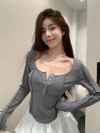Solid Button Front Curved Hem