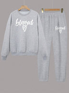 Two-Piece Fashion Warm Plus Fleece Round Neck Sweatshirt + Sports Sweatpants Simple Letter Print