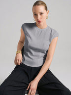 Ontre Urban Commuter White Knit Top, Short Sleeve Crew Neck T-Shirt