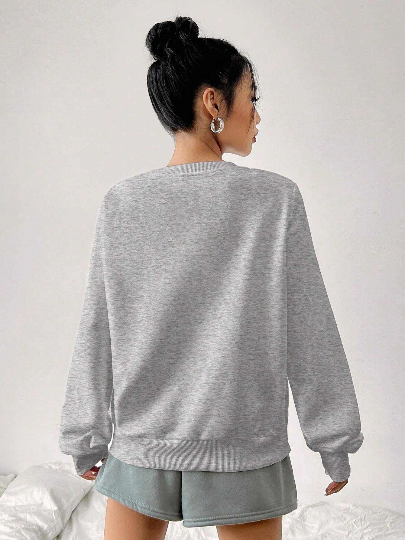 Casual Minimalist Milano Print Pattern White Round Neck Loose Fit Long Sleeve Sweatshirt