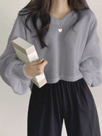 Solid Color V-Neck Dropped Shoulder Long Sleeve Loose Casual T-Shirt