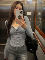 Solid Color Slim Fit Half-Placket Buttoned Long Sleeve T-Shirt