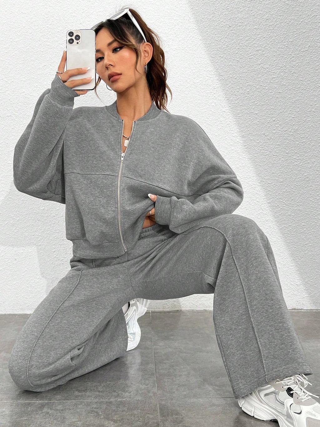 Street Style Camouflage Maple Leaf Print Zipper Sweatshirt & Pants Set