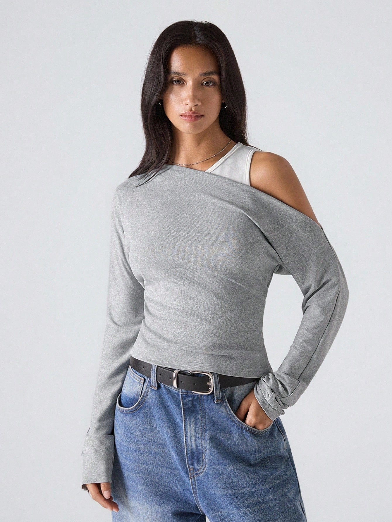 Solid Color Minimalist Casual Asymmetrical Neck T-Shirt Tops For Women Off The Shoulder Top