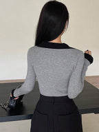 Casual Style Color Block Collar Slim Fit Tops, Long Sleeve Tops
