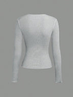 Solid Color Split Half-Length Long-Sleeved Round Neck New Women's Top