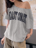 Off-Shoulder Short Sleeve Letter Printed Casual T-Shirt Graphic Tees Women Tops