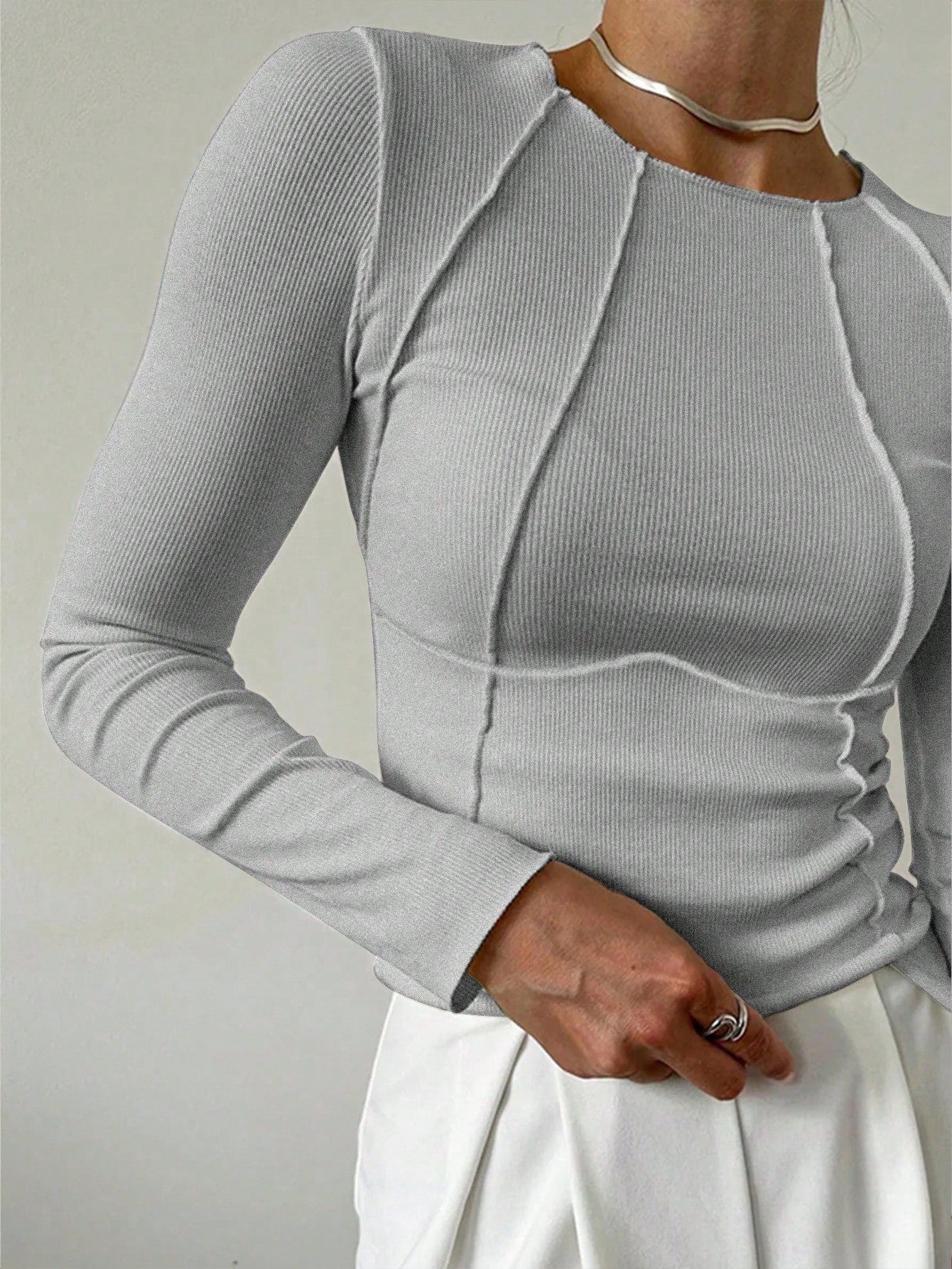 Solid Color Split Half-Length Long-Sleeved Round Neck New Women's Top