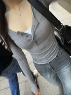 Solid Color Slim Fit Half-Placket Buttoned Long Sleeve T-Shirt