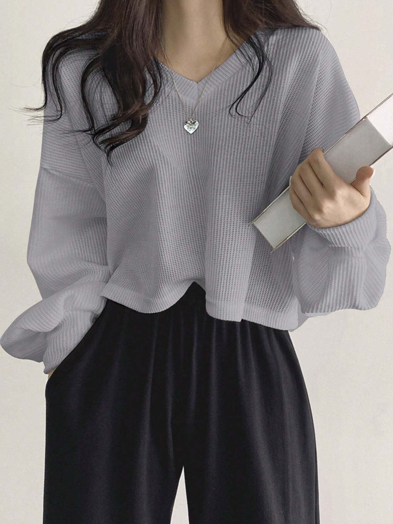 Solid Color V-Neck Dropped Shoulder Long Sleeve Loose Casual T-Shirt