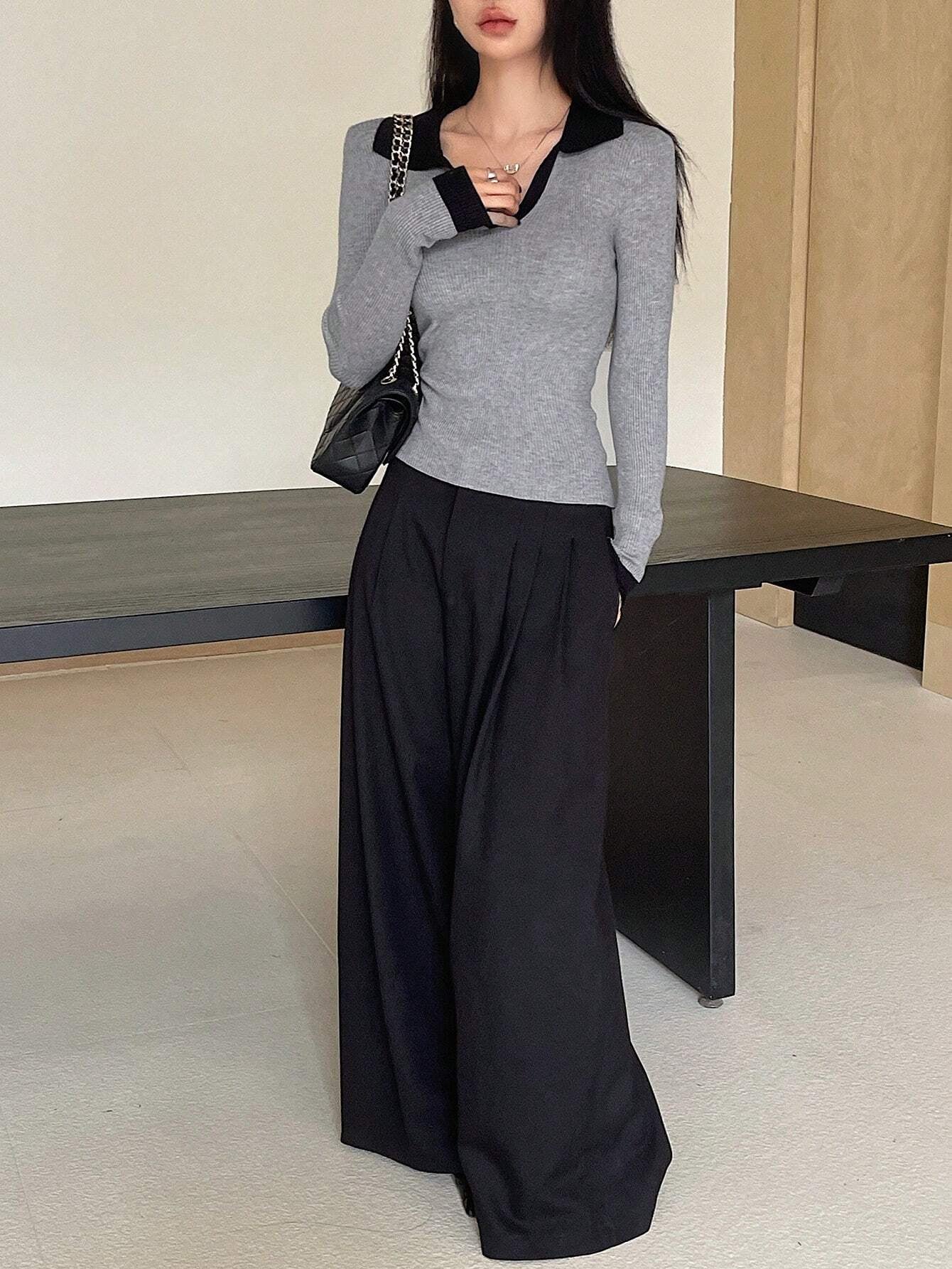 Casual Style Color Block Collar Slim Fit Tops, Long Sleeve Tops