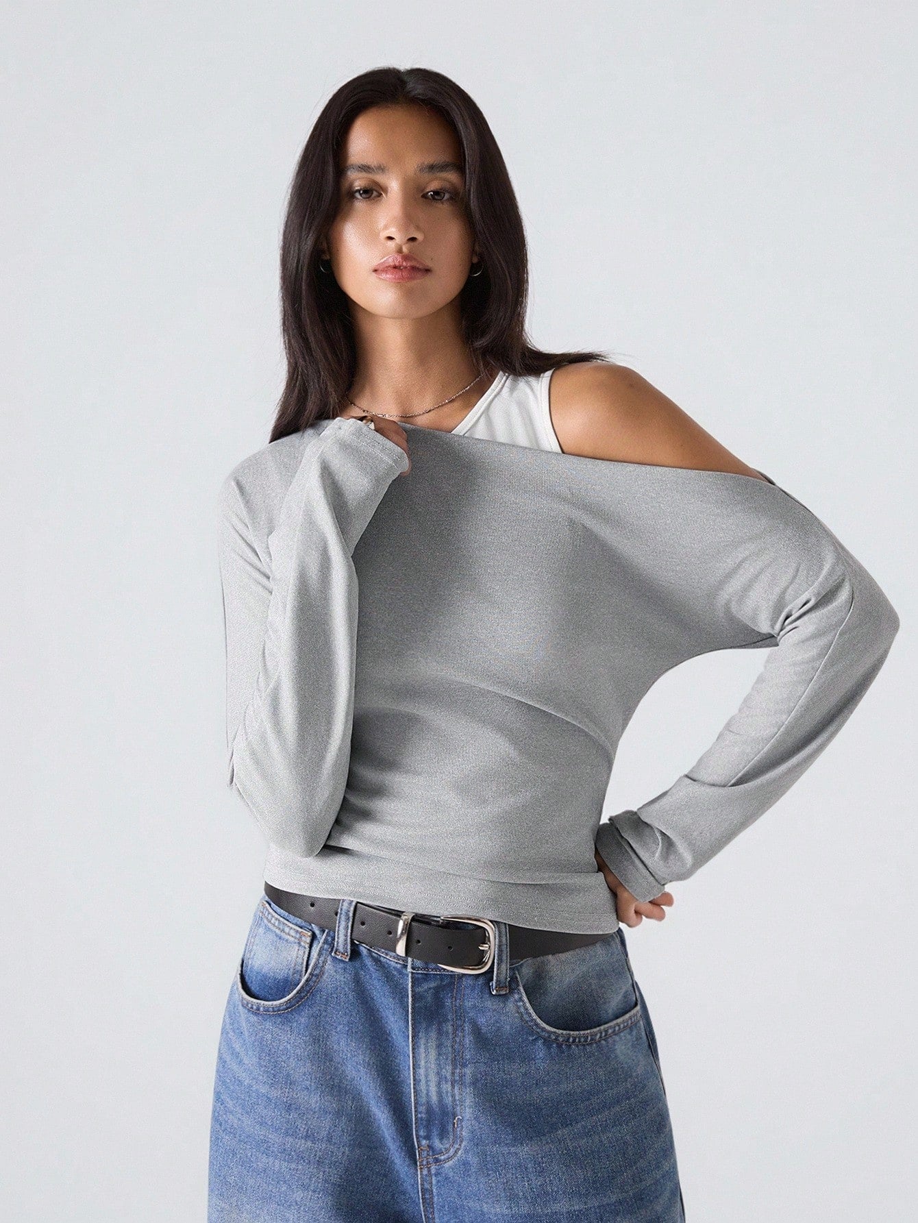 Solid Color Minimalist Casual Asymmetrical Neck T-Shirt Tops For Women Off The Shoulder Top