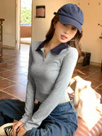 Half Zipper Front Slant Collar Long Sleeve T-shirt