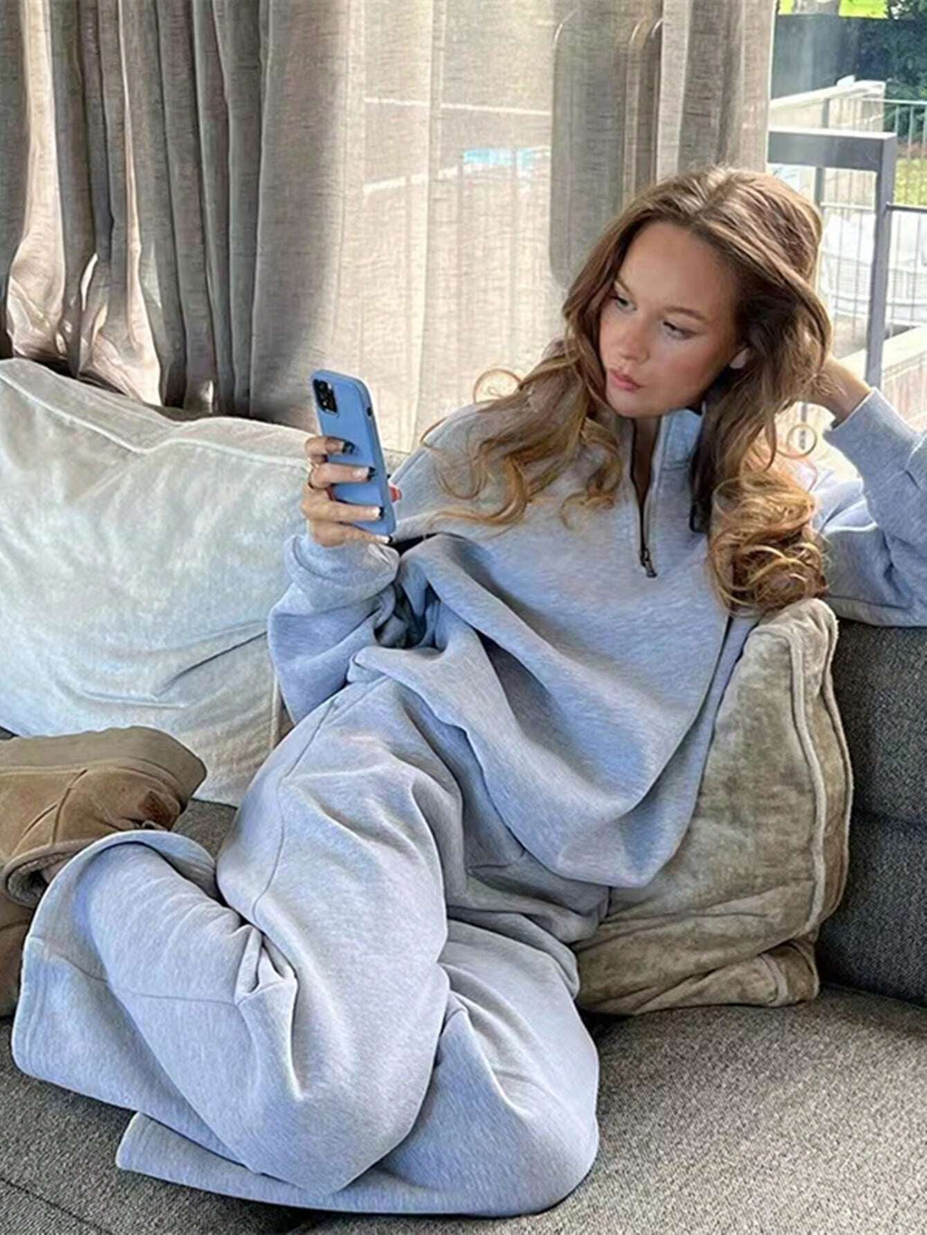 Solid Color Zipper Half Placket Dropped Shoulder Long Sleeve Sweatshirt And Loose Casual Pants 2 Pieces Set