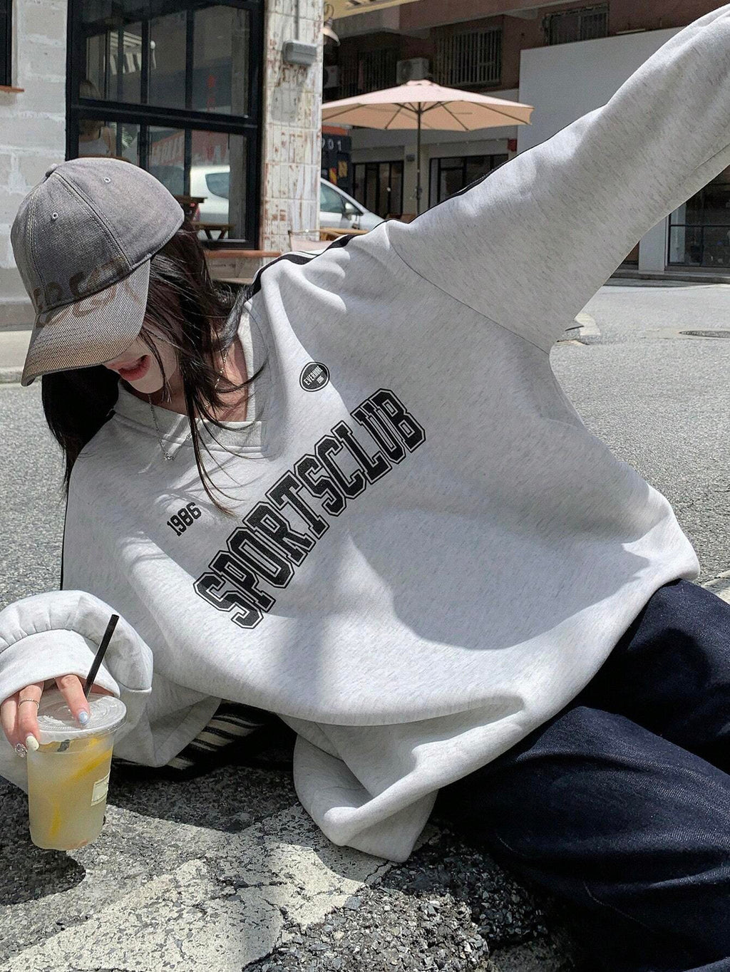 Thermal Lined V-Neck Letter Print Slouchy Sweatshirt