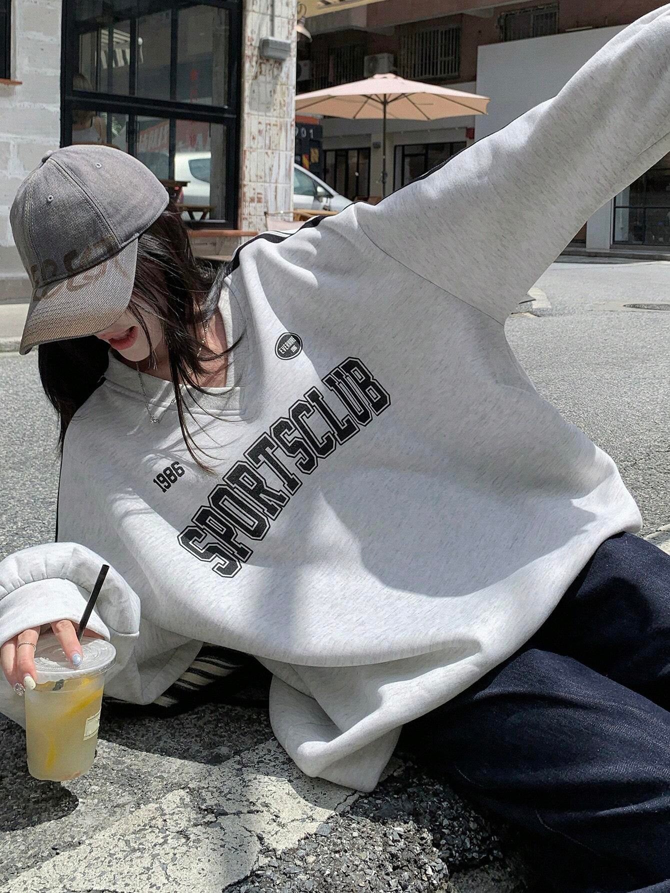 Thermal Lined V-Neck Letter Print Slouchy Sweatshirt