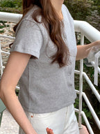 Solid Round Neck Form-Fitting Short Sleeve Cardigan T-Shirt
