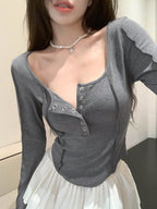 Solid Button Front Curved Hem