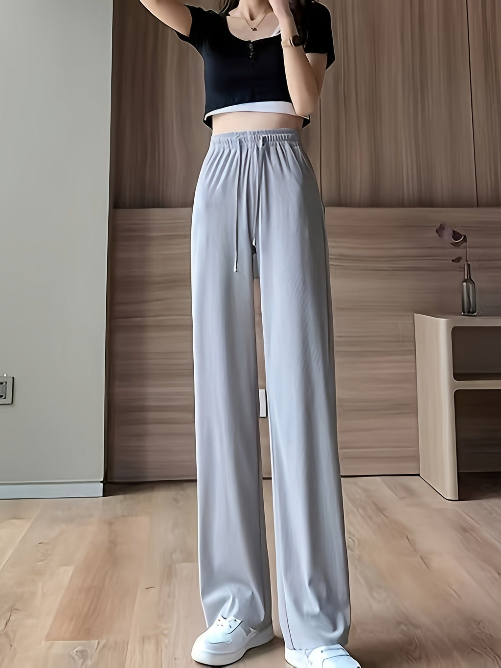 High-Waisted Wide-Leg Pants Straight Leg with Drawstring Waist