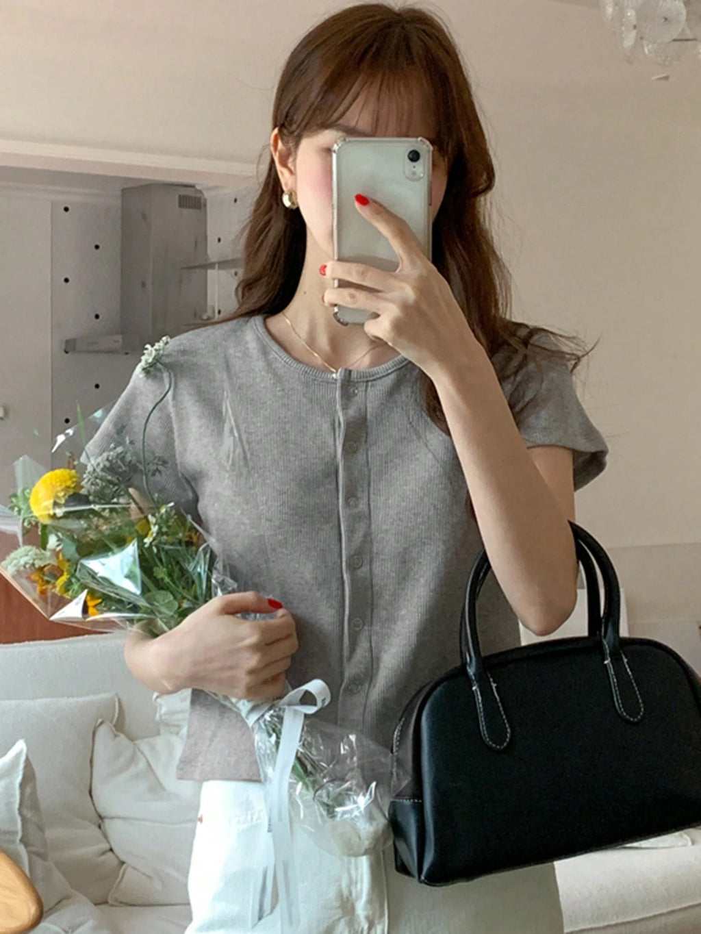 Solid Round Neck Form-Fitting Short Sleeve Cardigan T-Shirt