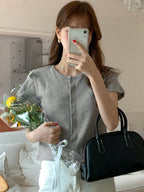 Solid Round Neck Form-Fitting Short Sleeve Cardigan T-Shirt