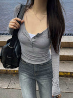 Solid Color Slim Fit Half-Placket Buttoned Long Sleeve T-Shirt