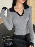 Casual Style Color Block Collar Slim Fit Tops, Long Sleeve Tops