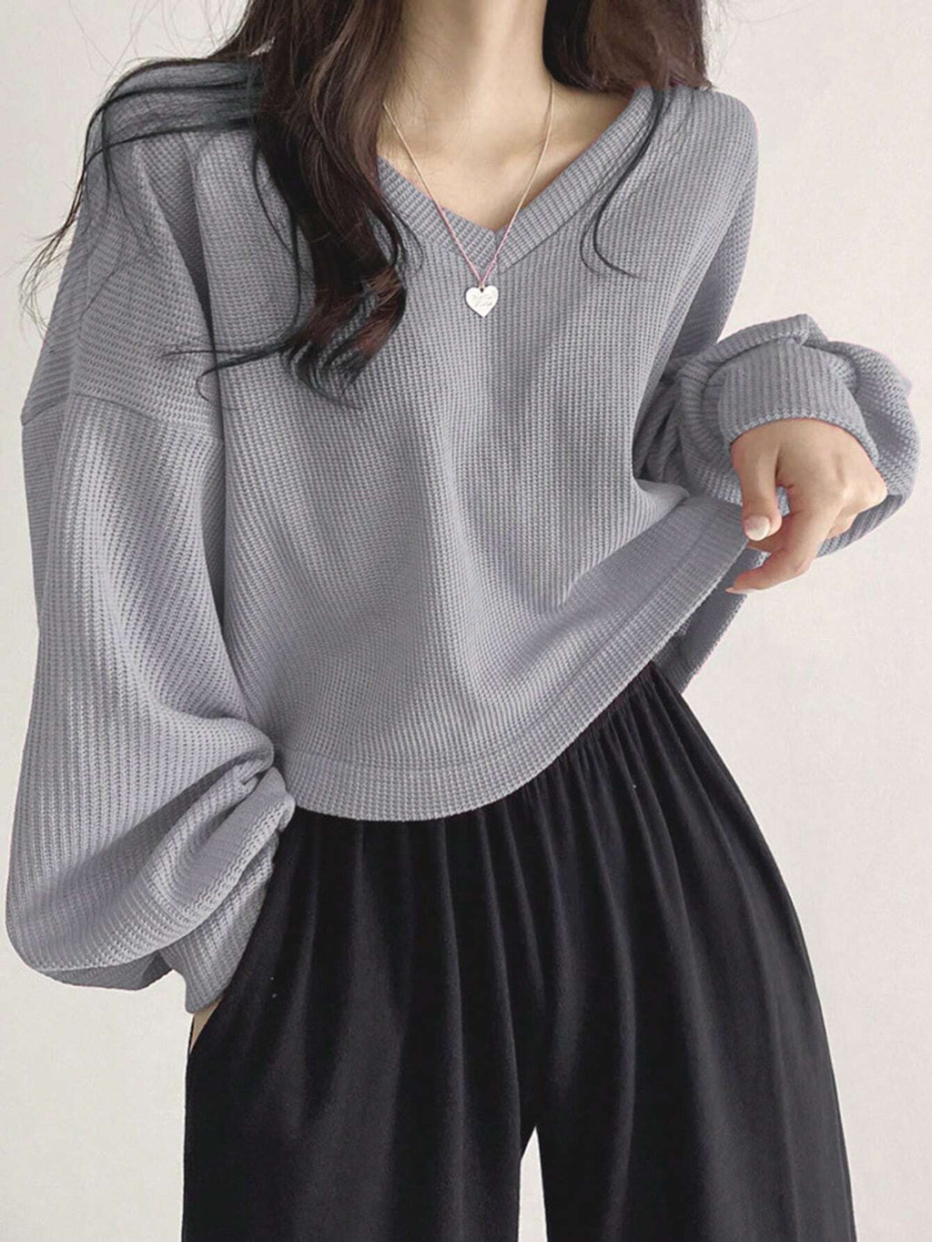 Solid Color V-Neck Dropped Shoulder Long Sleeve Loose Casual T-Shirt