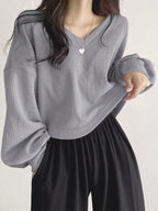 Solid Color V-Neck Dropped Shoulder Long Sleeve Loose Casual T-Shirt