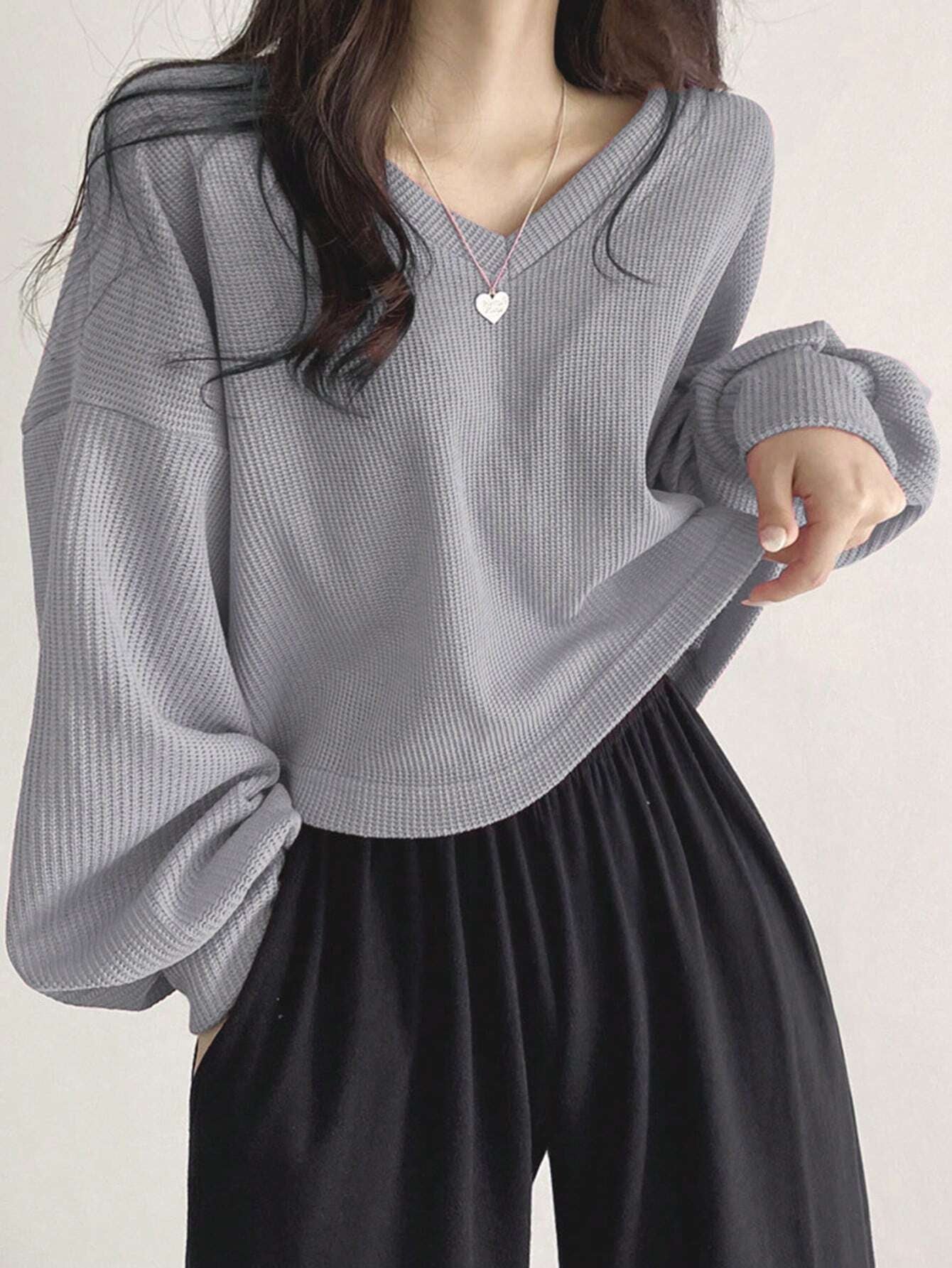 Solid Color V-Neck Dropped Shoulder Long Sleeve Loose Casual T-Shirt