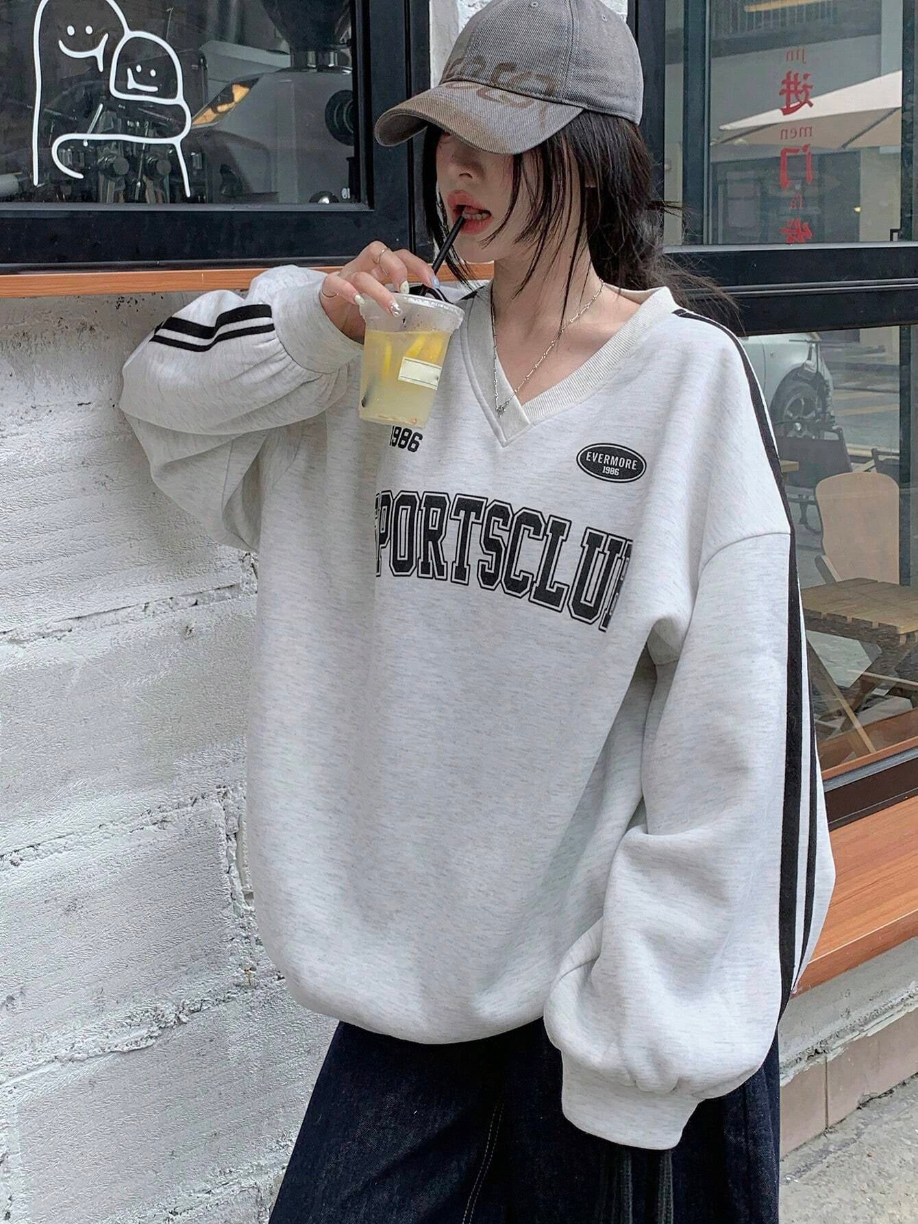 Thermal Lined V-Neck Letter Print Slouchy Sweatshirt