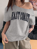 Off-Shoulder Short Sleeve Letter Printed Casual T-Shirt Graphic Tees Women Tops