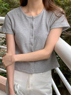 Solid Round Neck Form-Fitting Short Sleeve Cardigan T-Shirt