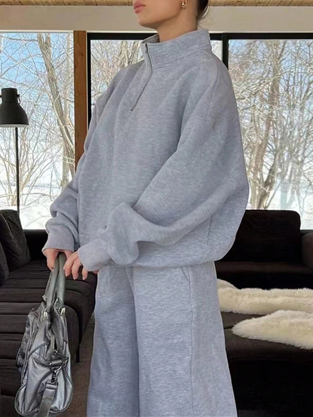 Solid Color Zipper Half Placket Dropped Shoulder Long Sleeve Sweatshirt And Loose Casual Pants 2 Pieces Set