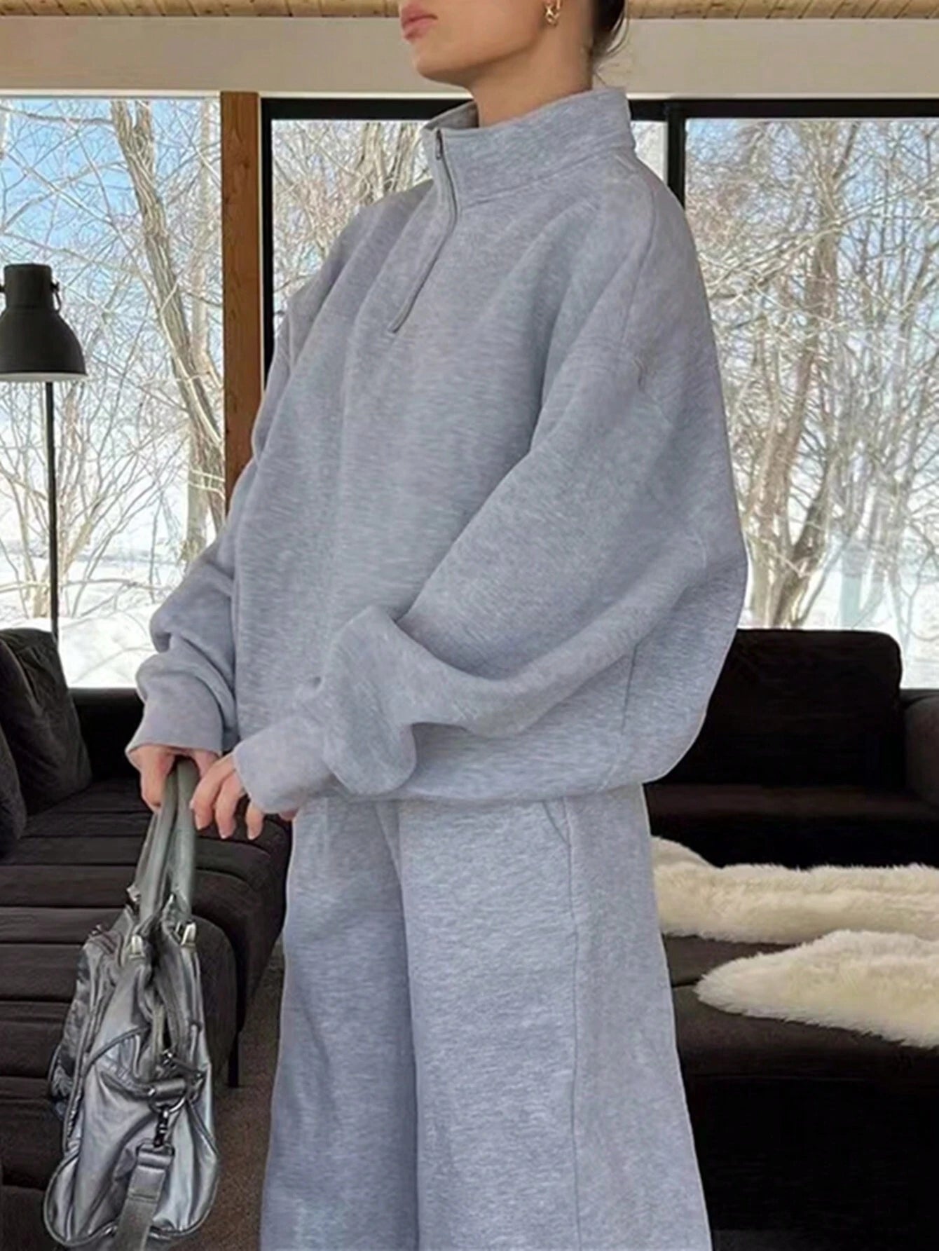 Solid Color Zipper Half Placket Dropped Shoulder Long Sleeve Sweatshirt And Loose Casual Pants 2 Pieces Set