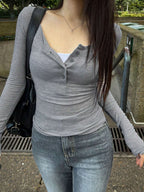 Solid Color Slim Fit Half-Placket Buttoned Long Sleeve T-Shirt
