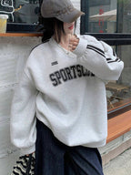 Thermal Lined V-Neck Letter Print Slouchy Sweatshirt