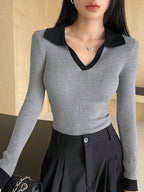 Casual Style Color Block Collar Slim Fit Tops, Long Sleeve Tops