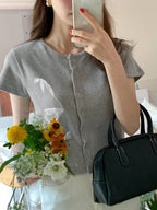 Solid Round Neck Form-Fitting Short Sleeve Cardigan T-Shirt