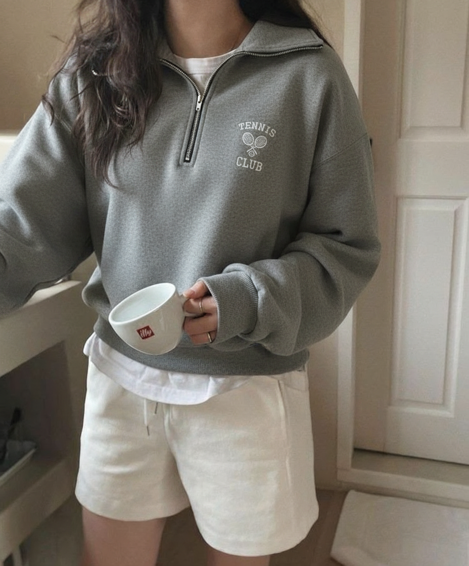Half Zip Drop Shoulder "TENNIS CLUB" Letter Print Oversized Sweatshirt, Long Sleeve