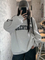 Thermal Lined V-Neck Letter Print Slouchy Sweatshirt